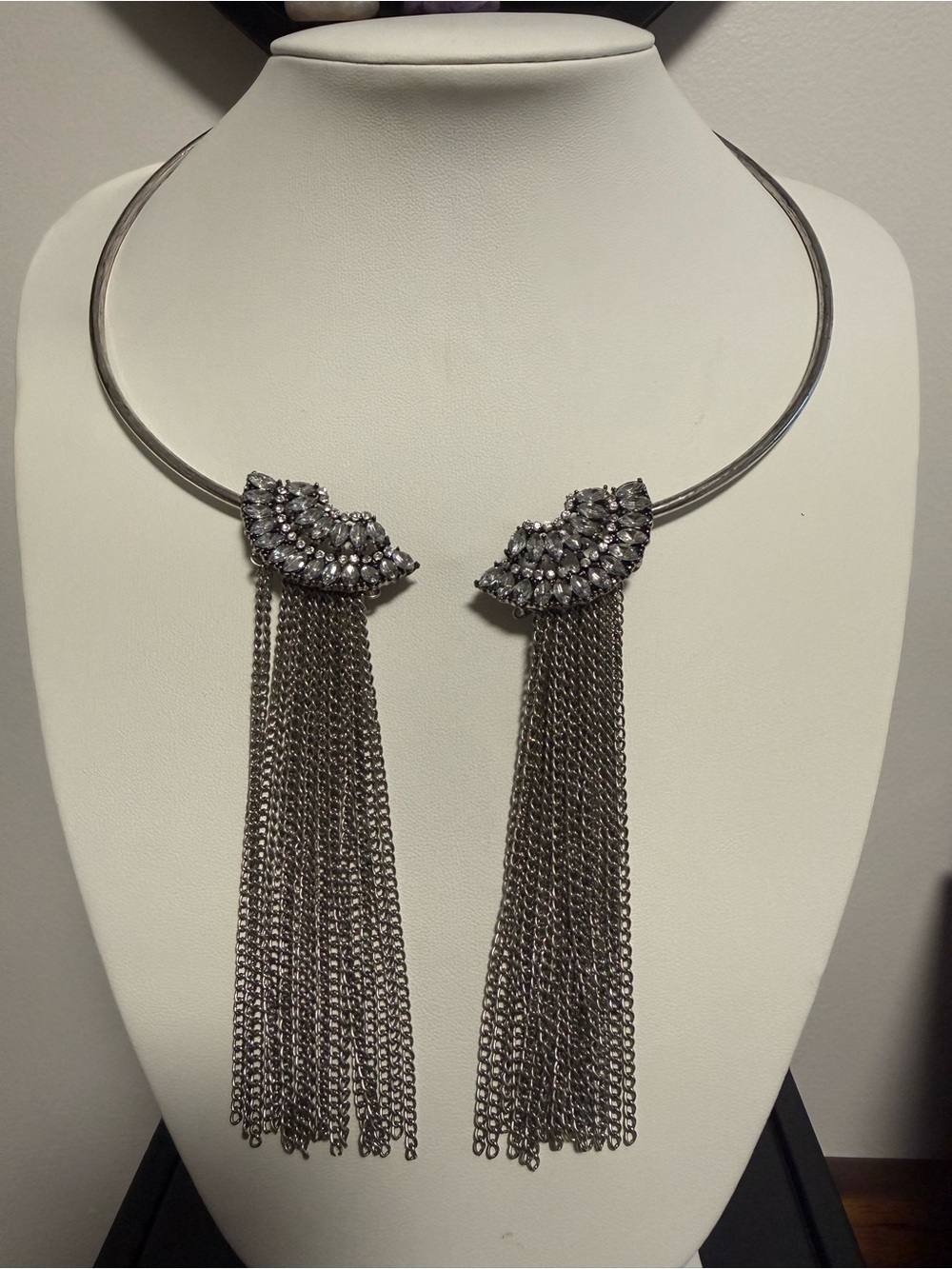 Tassel Collar Statement Necklace with Crystal Accents